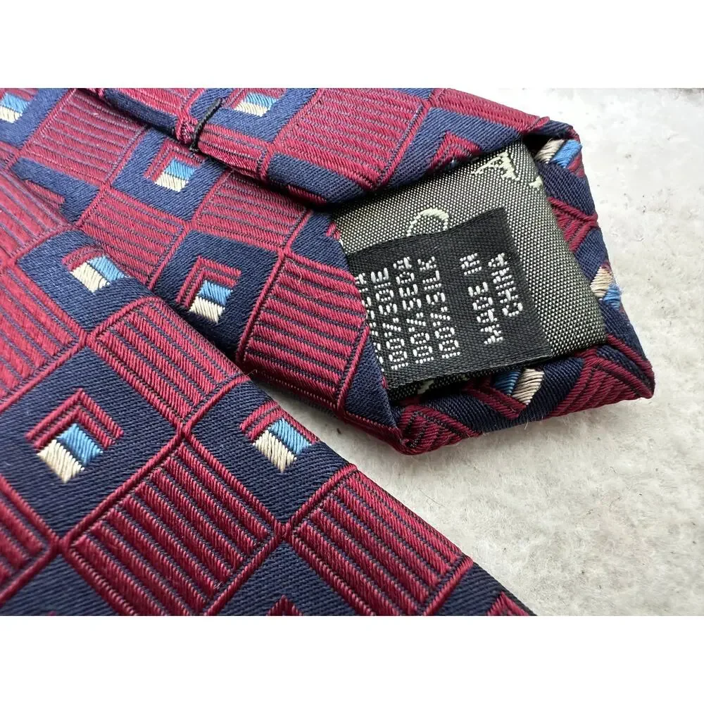 Gaspara Extra Long Pure Silk Tie Burgundy Geometric Squares